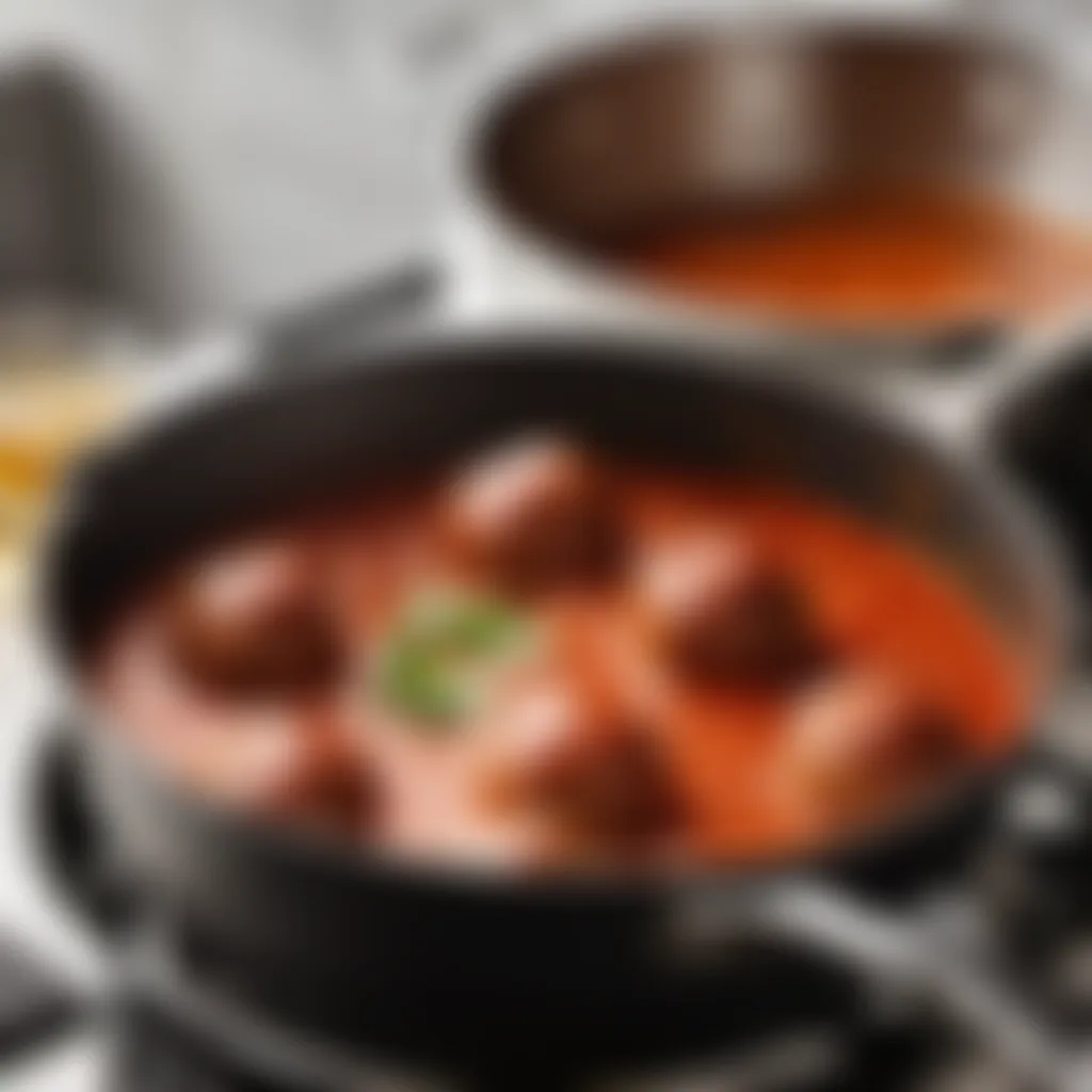 Saucepan with simmering IKEA meatball sauce