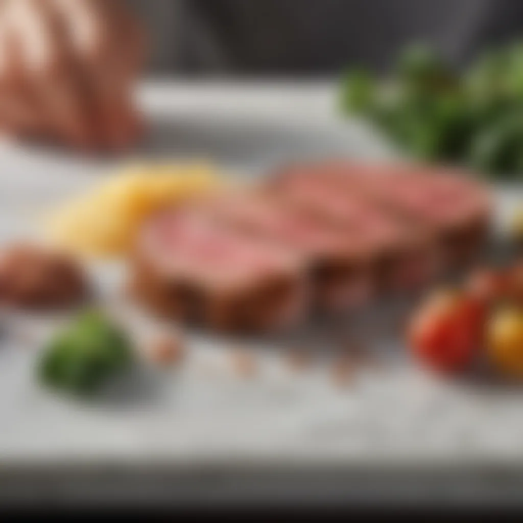 Ingredients for breaded steak on a marble countertop