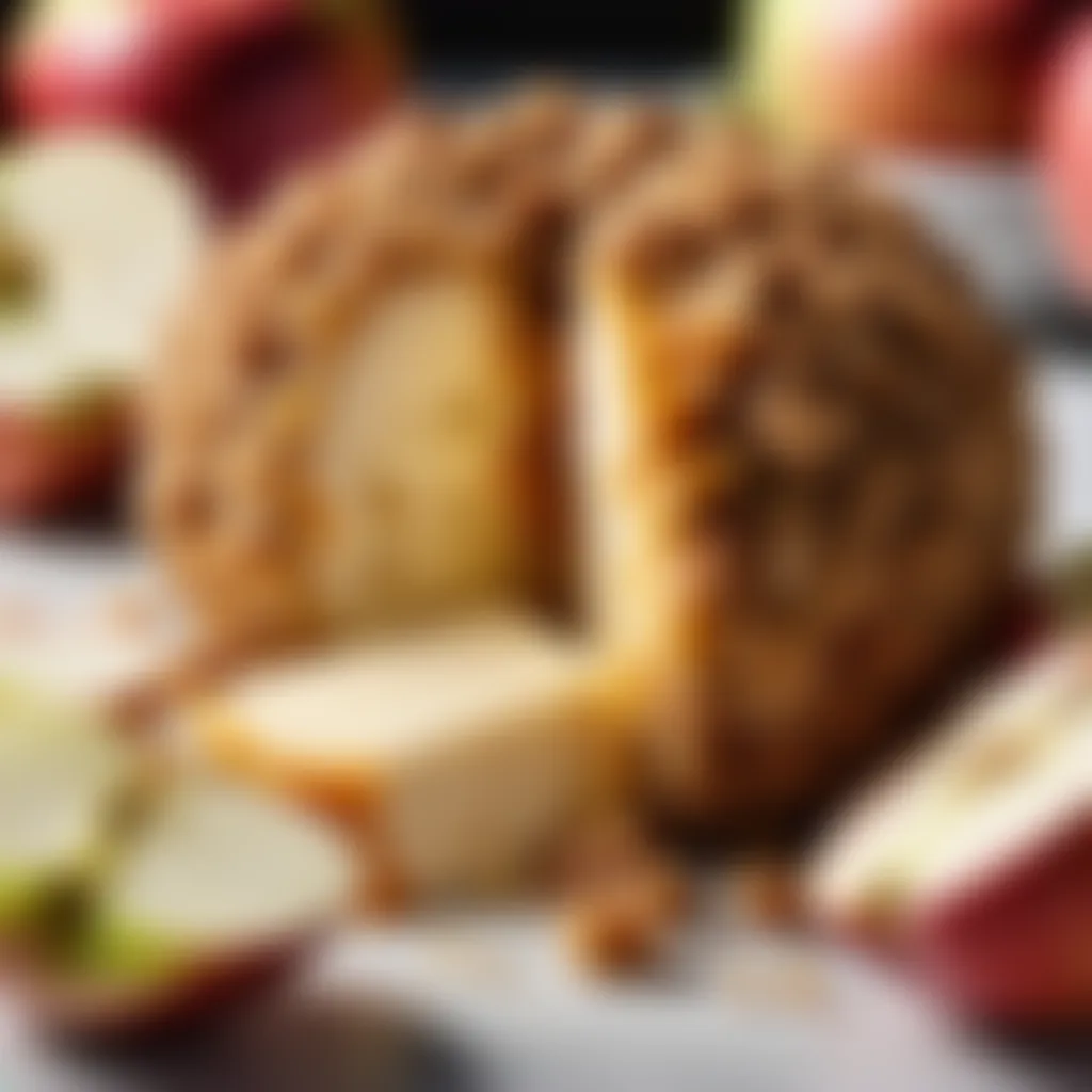 Sliced apple crisp cheese ball revealing a creamy cheese center