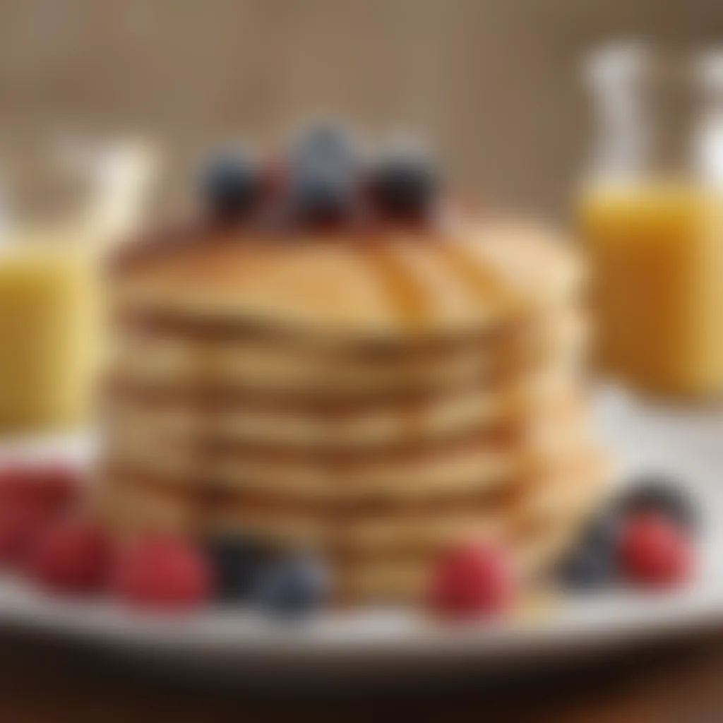 A stack of fluffy pancakes drizzled with maple syrup and berries