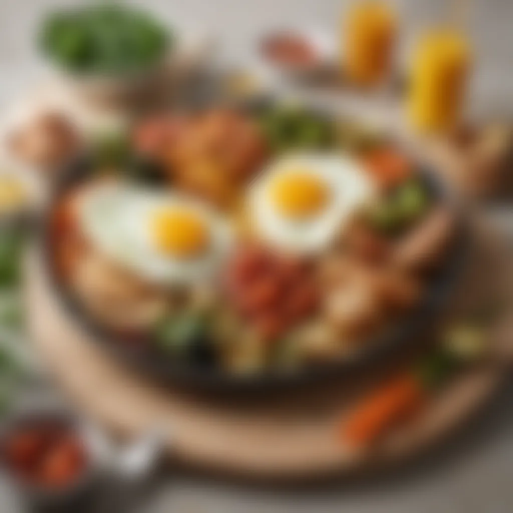 An artistic arrangement of a savory breakfast platter with eggs and vegetables