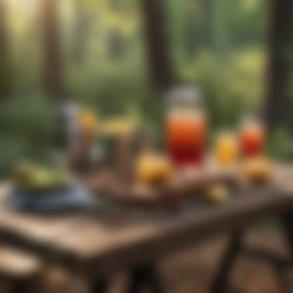 A rustic setup featuring a cocktail shaker and ingredients on a picnic table in the woods