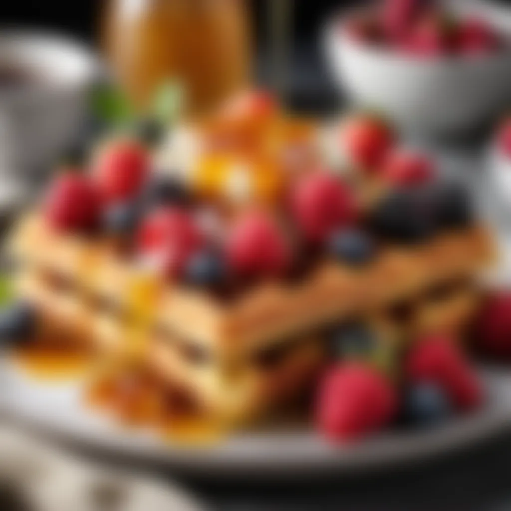 Delicious cornbread waffle topped with fresh berries and drizzled honey