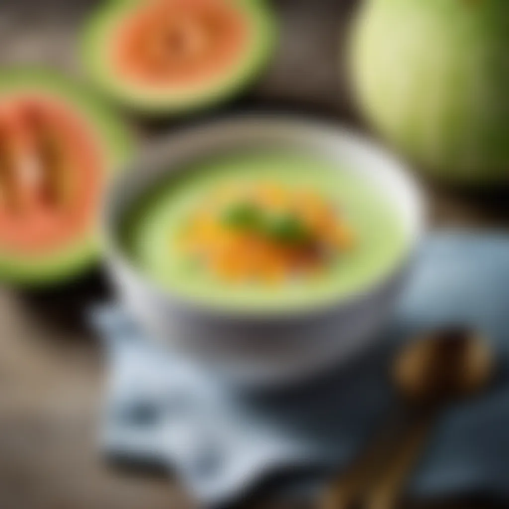 Innovative honeydew melon gazpacho in modern bowl