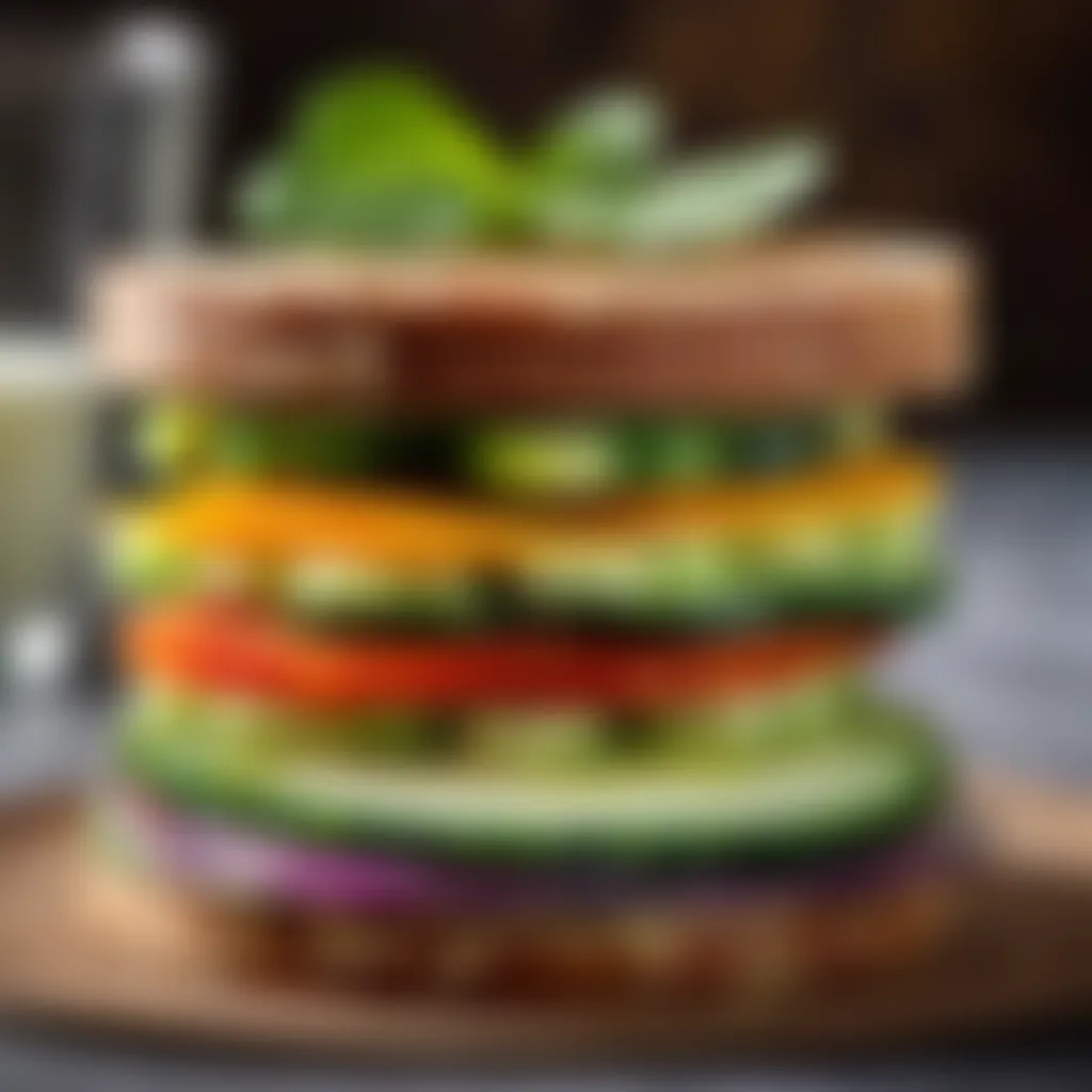 Artistic cucumber sandwich stack with colorful vegetable layers