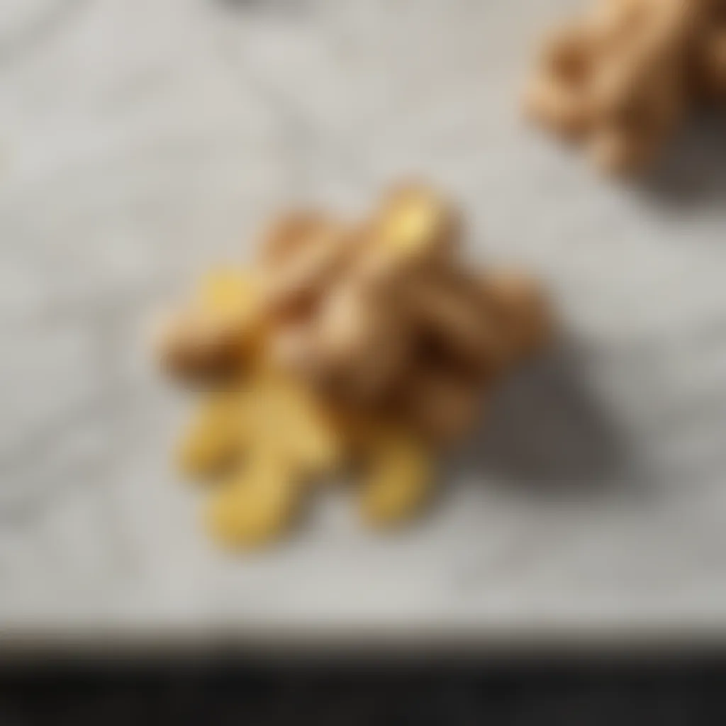 Golden ginger root on a pristine marble cutting board