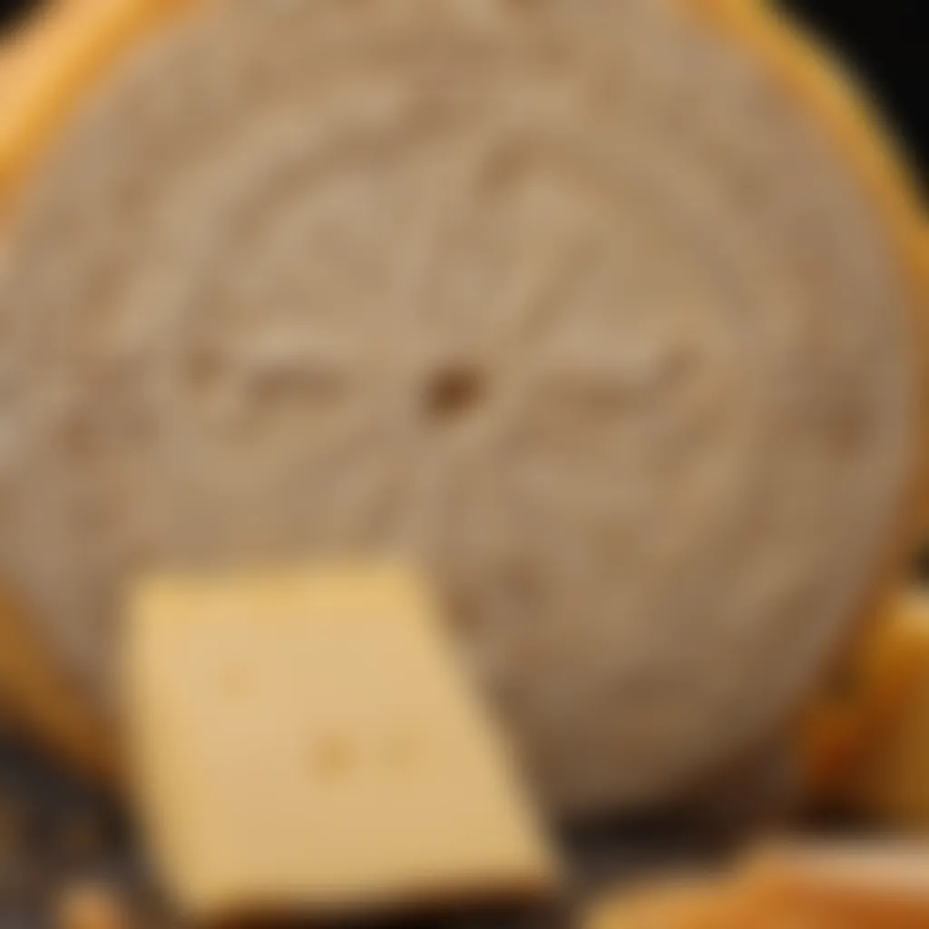 A close-up of a wheel of traditional Irish cheddar cheese, highlighting its rich yellow hue and crumbly texture.