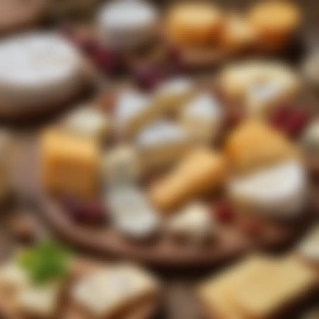 A vibrant selection of various Irish cheeses arranged on a wooden platter, showcasing unique textures and colors.