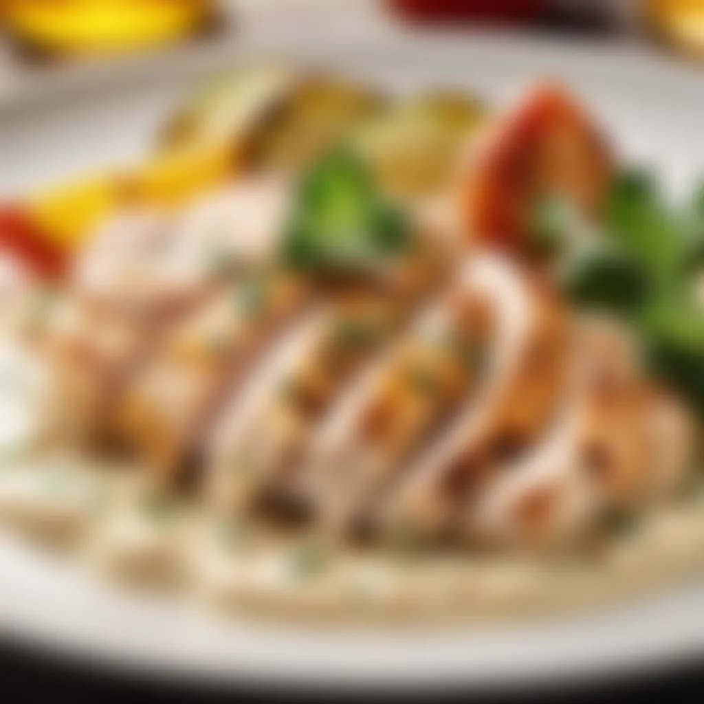 Close-up of succulent grilled chicken slices in Alfredo sauce