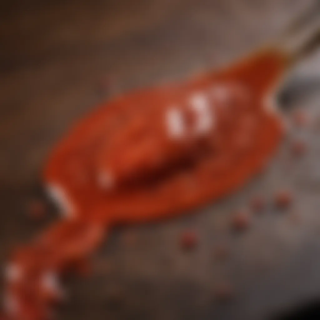 A close-up shot of Jamaica Pepper Sauce capturing its rich texture and vibrant color.