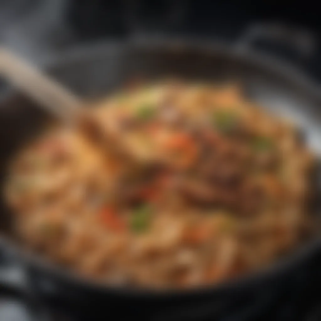 Japchae noodles being stir-fried in a wok