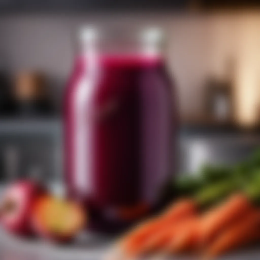 A jar of vibrant red beet juice with carrots and apples