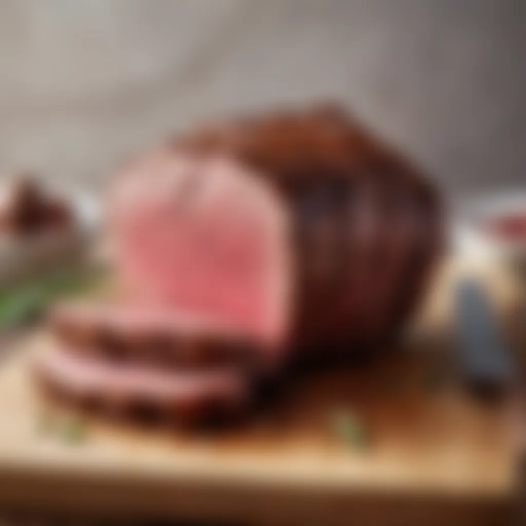 Slicing juicy roast beef against a wooden cutting board