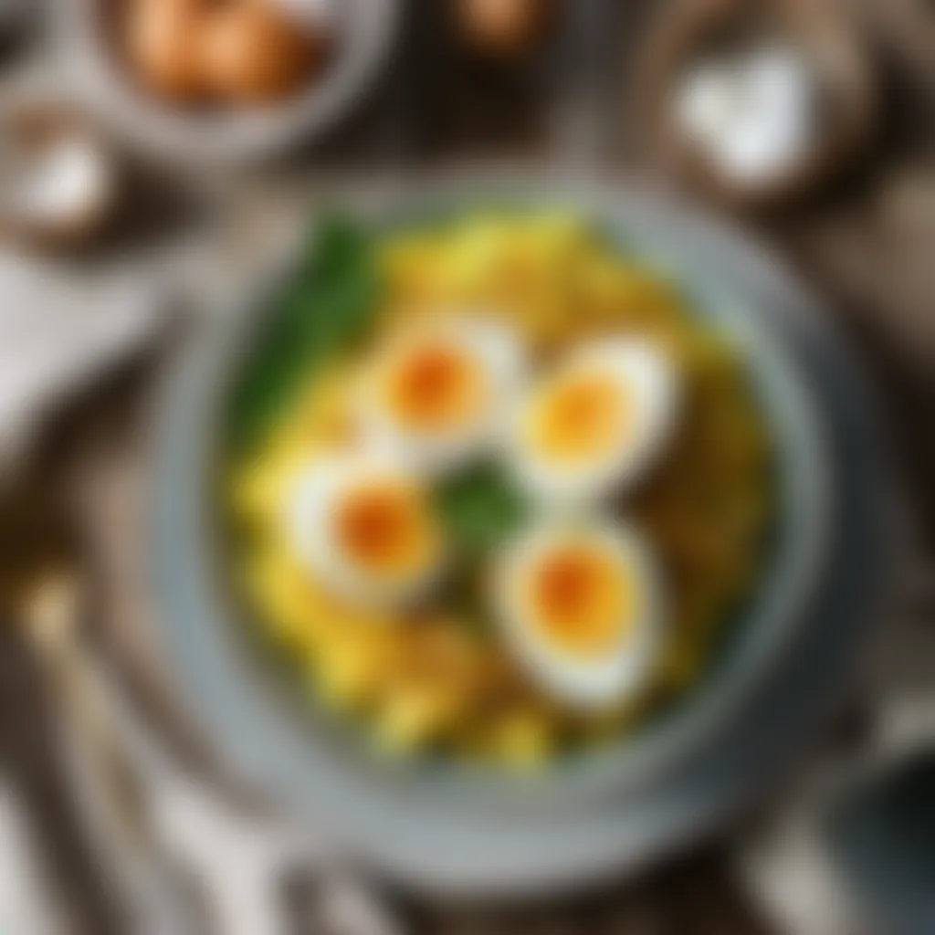 A bowl of kedgeree with boiled eggs on top