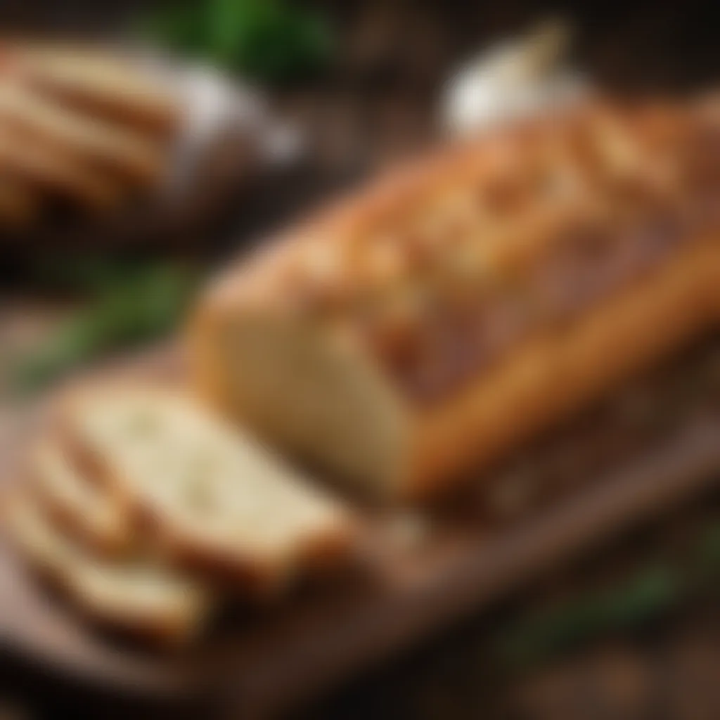 Sliced keto garlic bread on a rustic wooden board