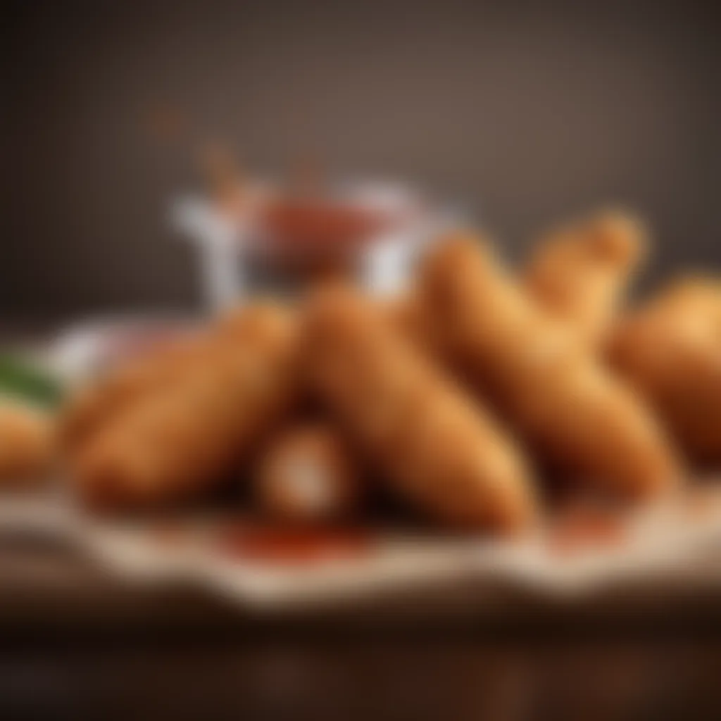 A close-up of crispy chicken tenders with a side of dipping sauce.