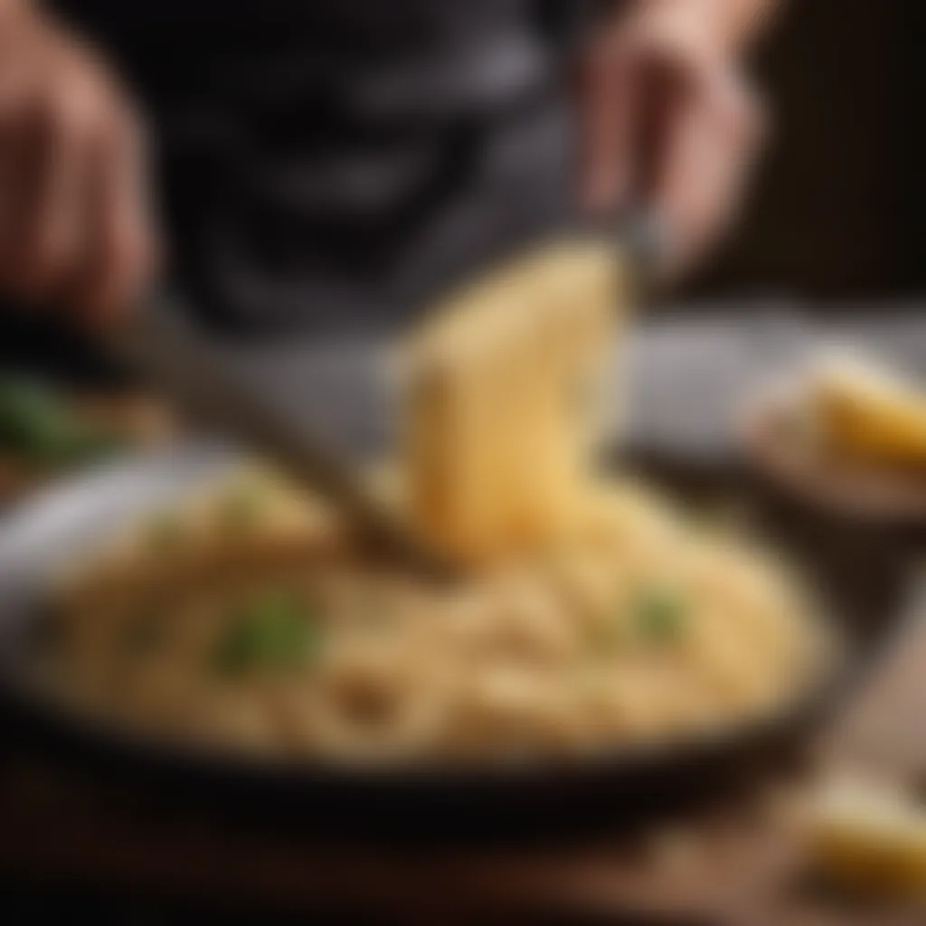 Knife cutting dough into noodles