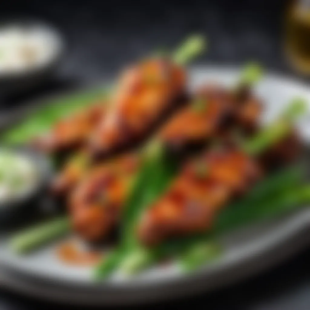 Tantalizing plating of Korean-style grilled chicken wings with scallions