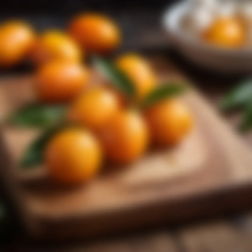 Fresh kumquats on a wooden cutting board