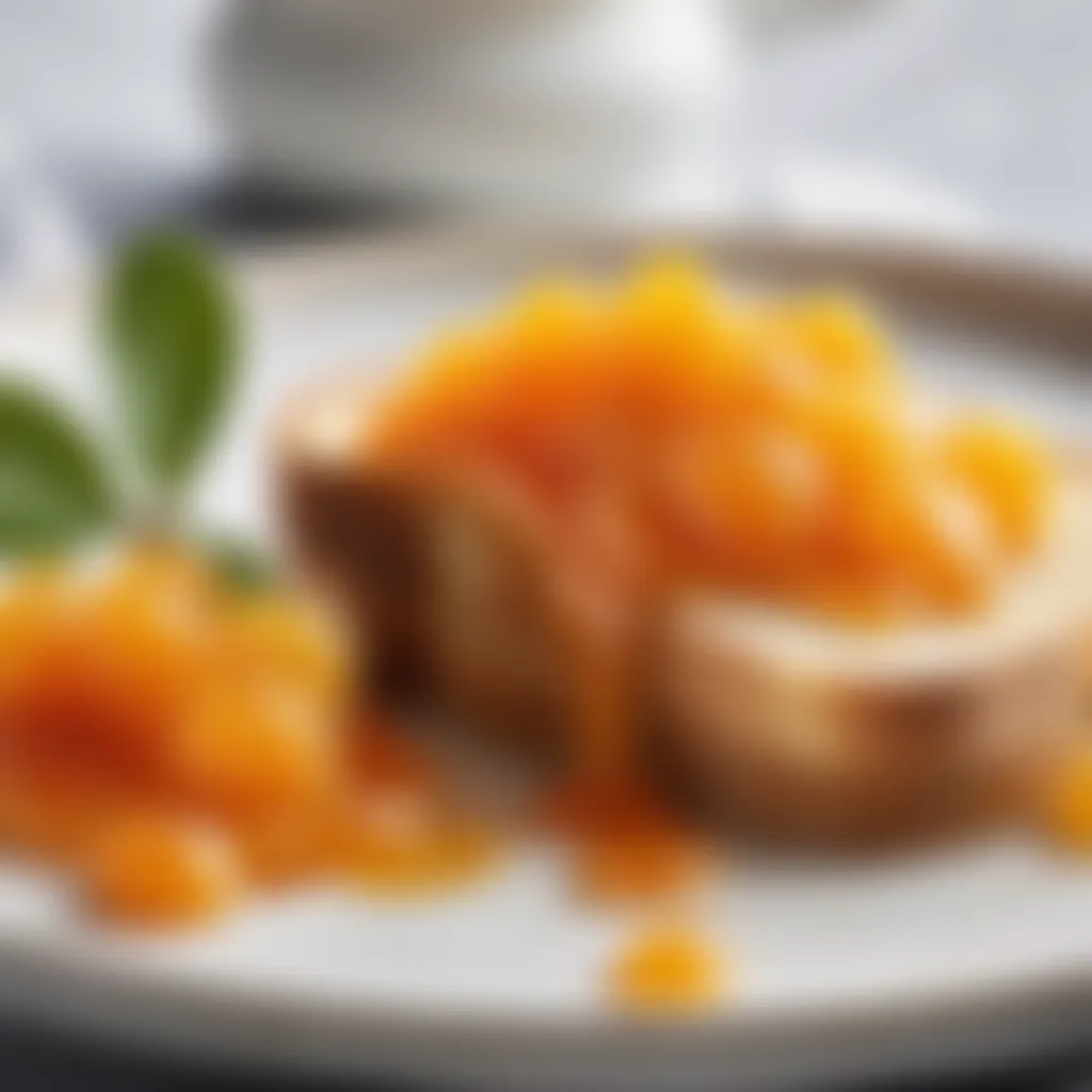 A spread of kumquat marmalade on a slice of toast