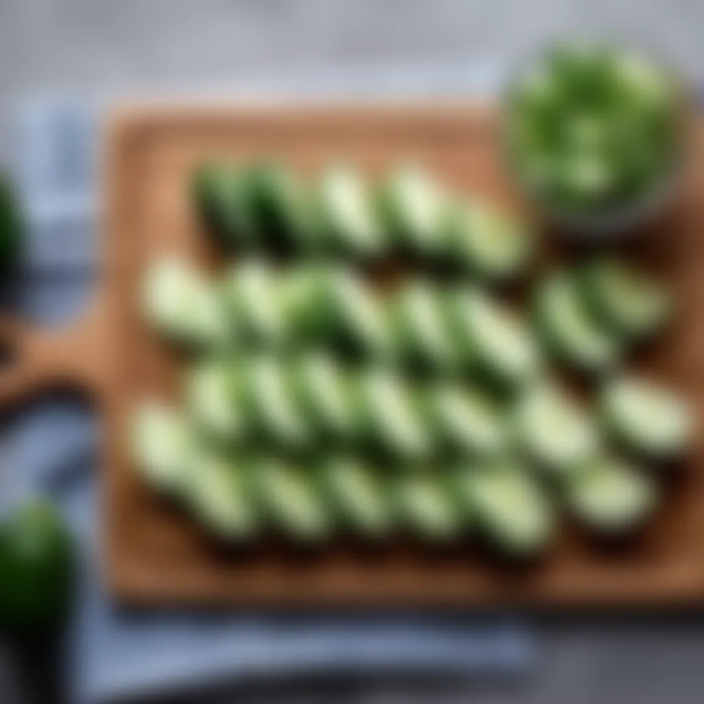 A wooden cutting board with sliced cucumbers