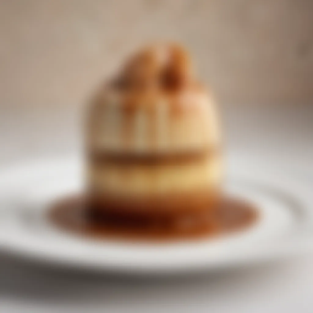 Artistic presentation of a layered desert pudding with caramel drizzle