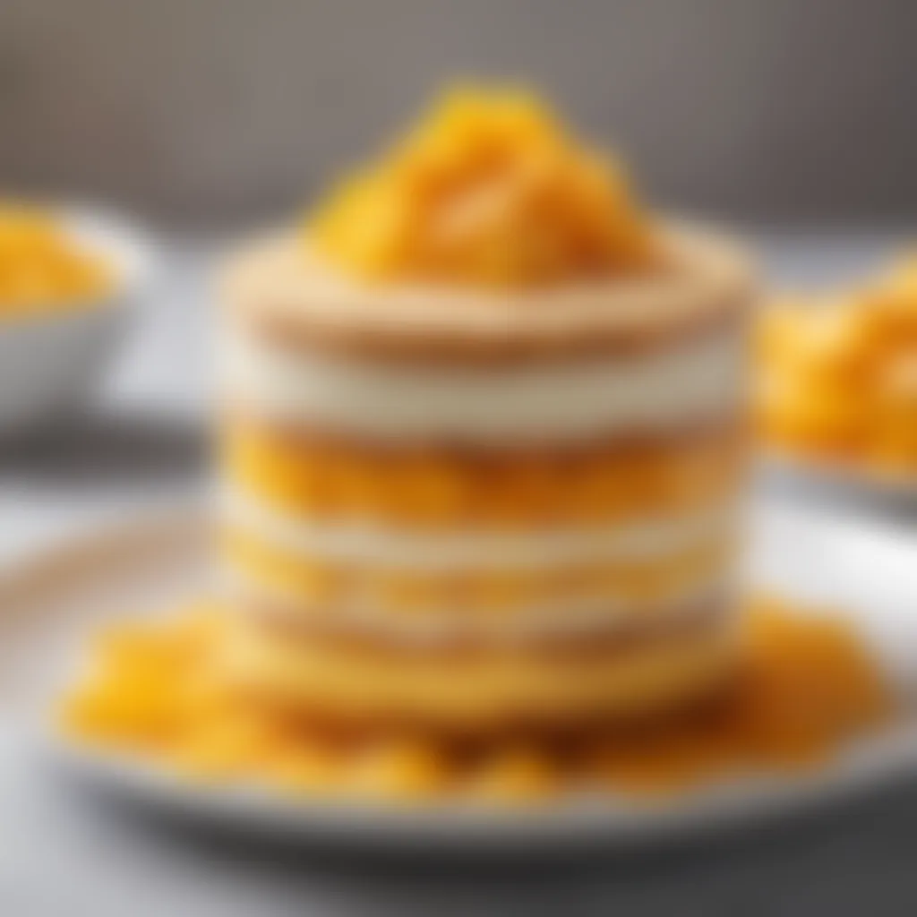 Layered mango dessert with a golden top