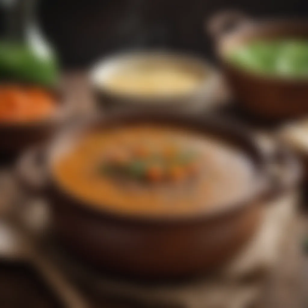 Lentil soup simmering in a rustic pot