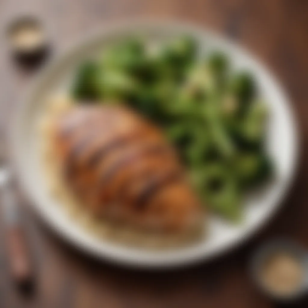 A vibrant plate of grilled chicken breast with a side of steamed broccoli and quinoa, showcasing a nutritious meal.