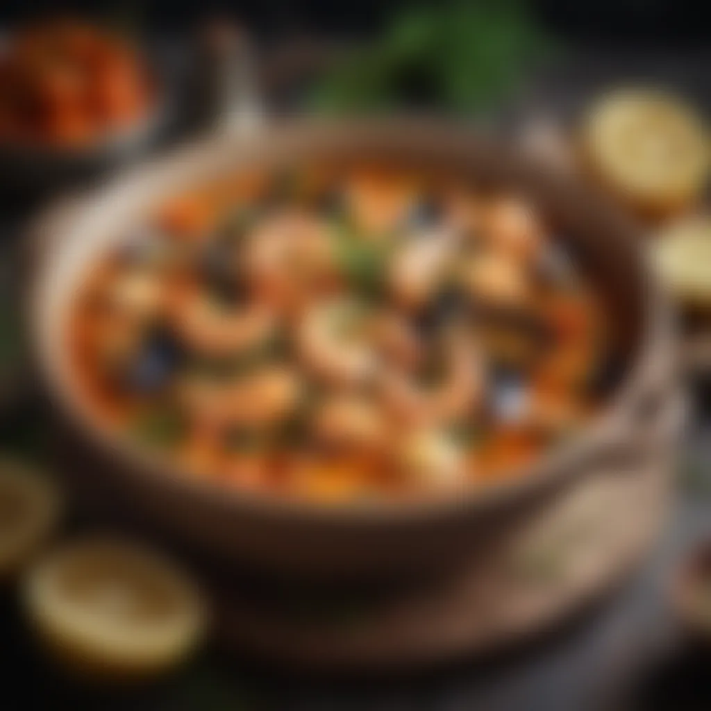 A rich and aromatic seafood stew with an assortment of fish, herbs, and spices, served in a rustic bowl