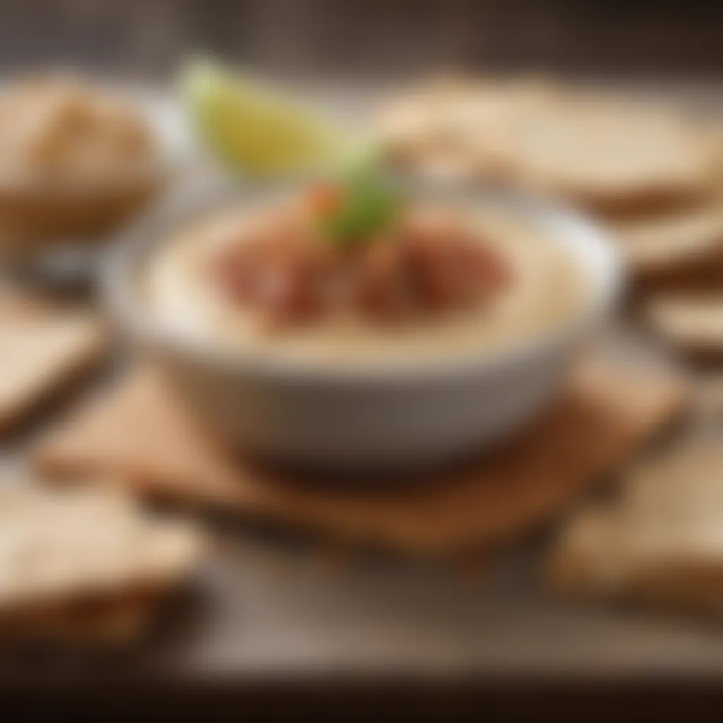 A selection of whole grain crackers paired with protein-rich hummus.