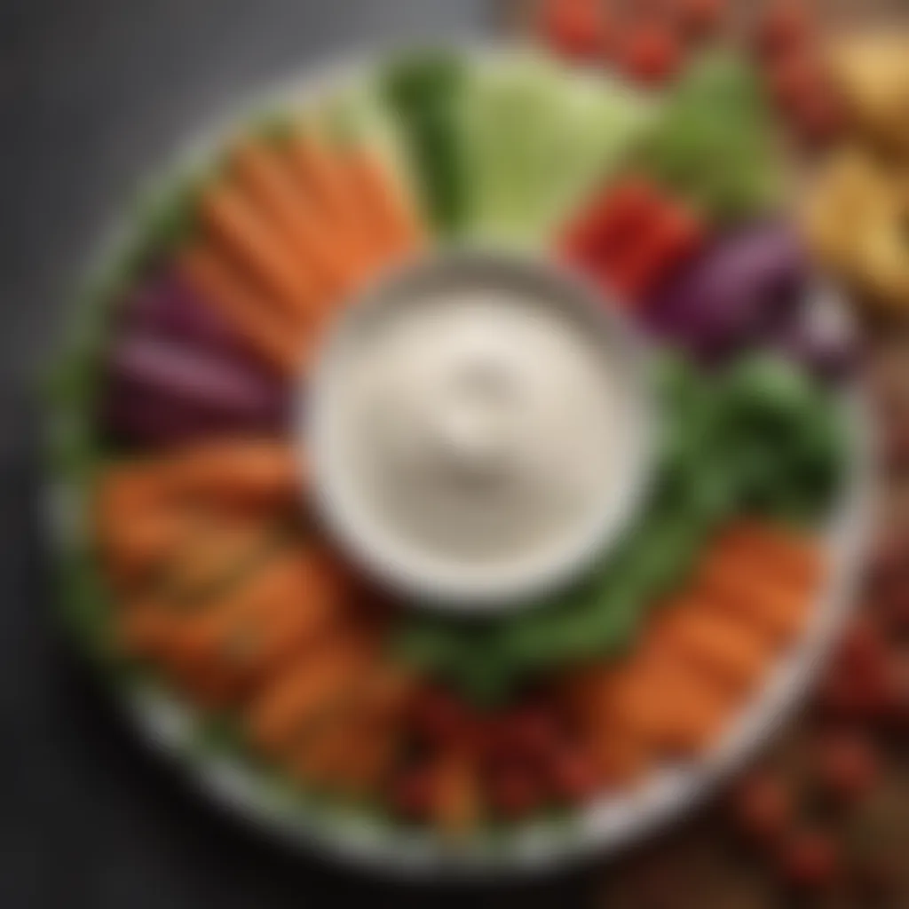 A vibrant arrangement of fresh vegetables and dip for a nutritious snack.