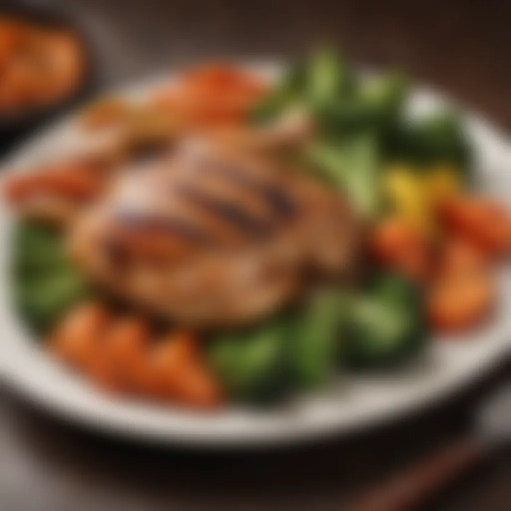 A close-up of grilled chicken with a side of steamed broccoli and carrots.