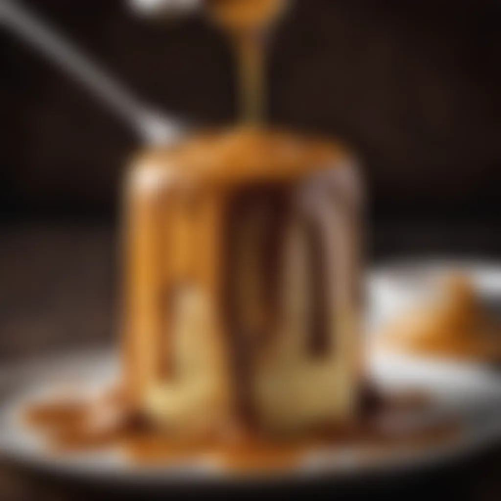 Rich butterscotch sauce being drizzled over pudding