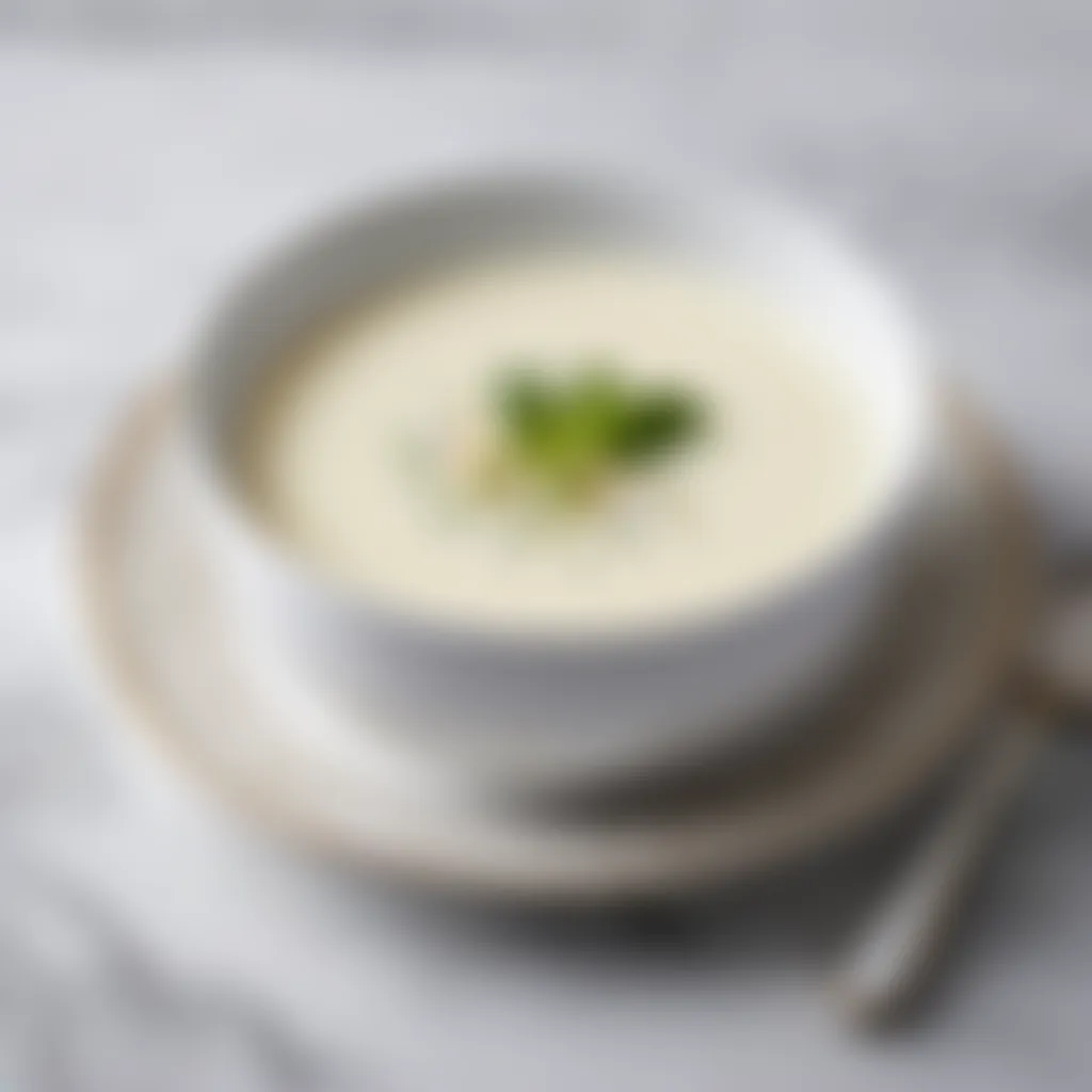 A close-up of a creamy Vichyssoise soup served in an elegant porcelain bowl on a marble tabletop