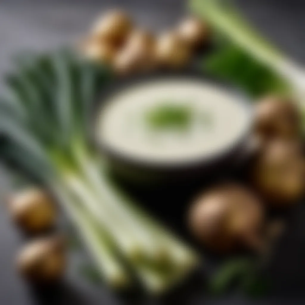 A display of high-quality organic leeks, potatoes, and heavy cream, the essential ingredients for Vichyssoise