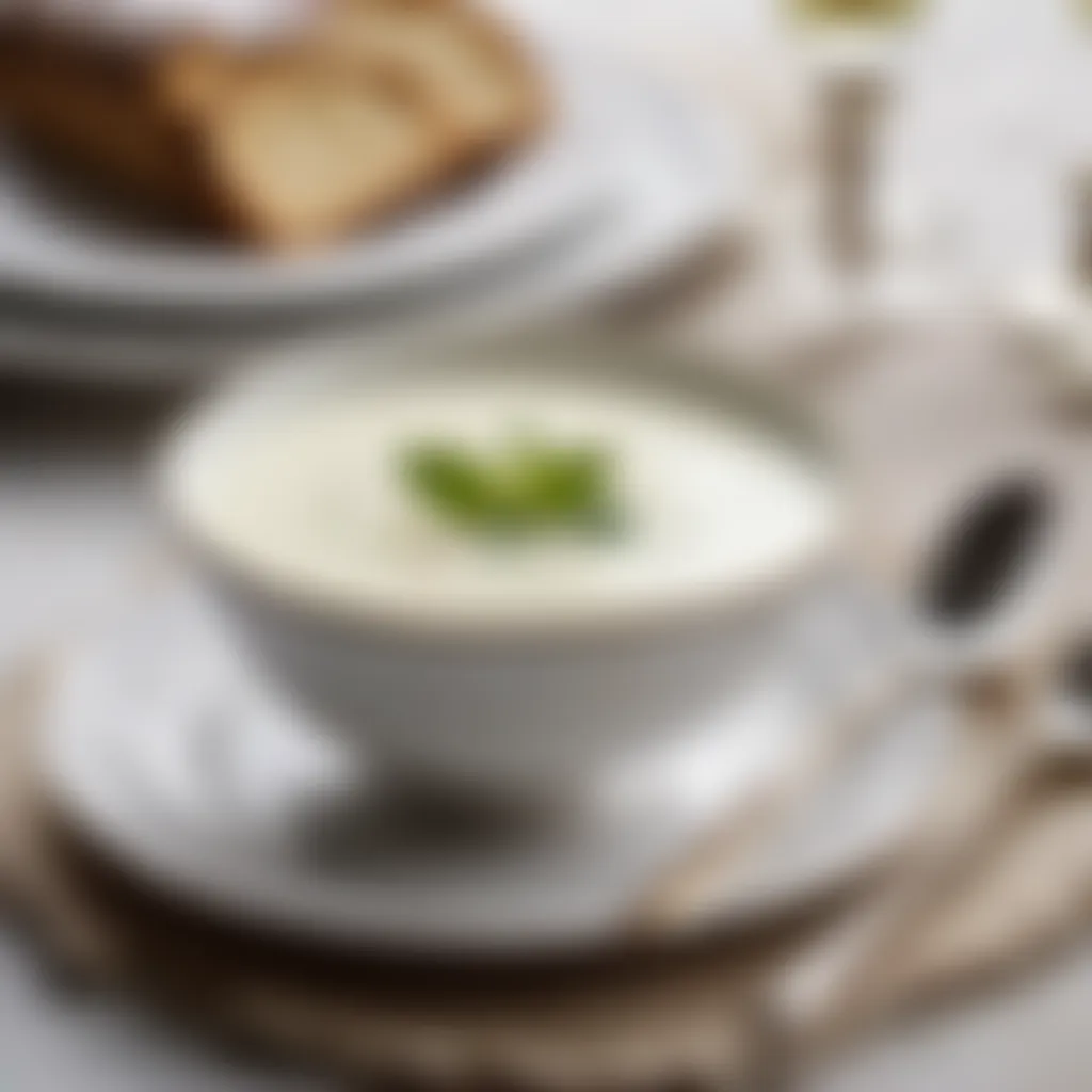 An elegant table setting with a bowl of Vichyssoise, artisan bread, and a vintage silver spoon