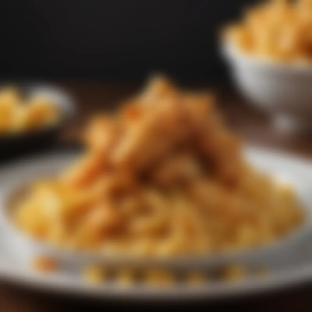 A gourmet presentation of macaroni and cheese topped with golden chicken strips