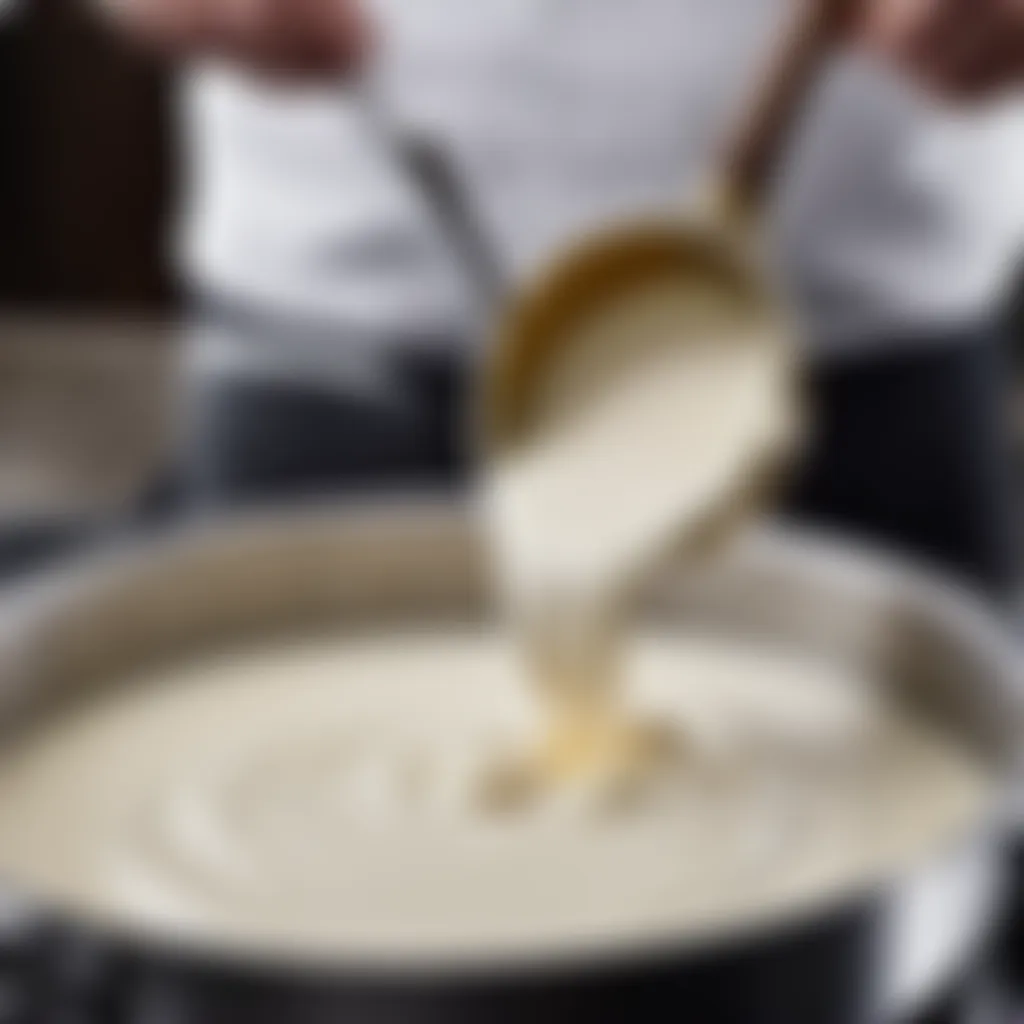 Whisking white sauce in a saucepan