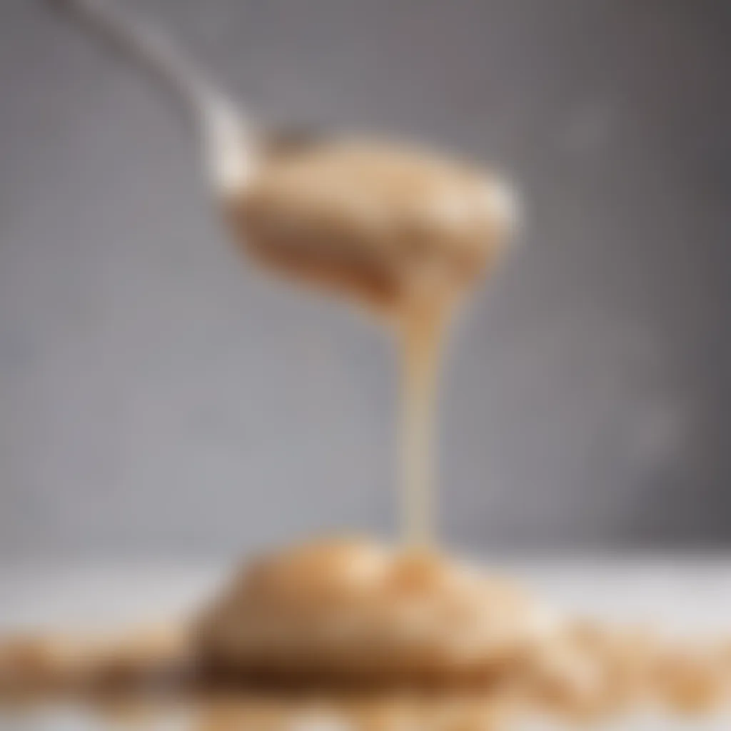 Silky malted milk syrup cascading down a spoon