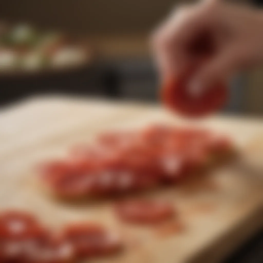 Slicing the pepperoni into thin, flavorful strips