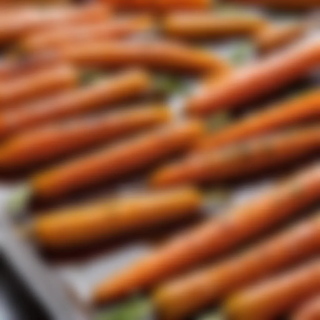 Close-up of maple syrup drizzling over roasted carrots