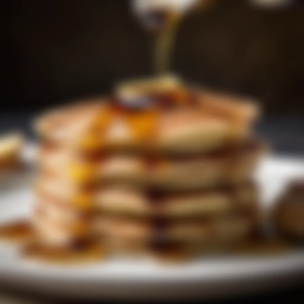 Maple syrup being poured onto pancakes