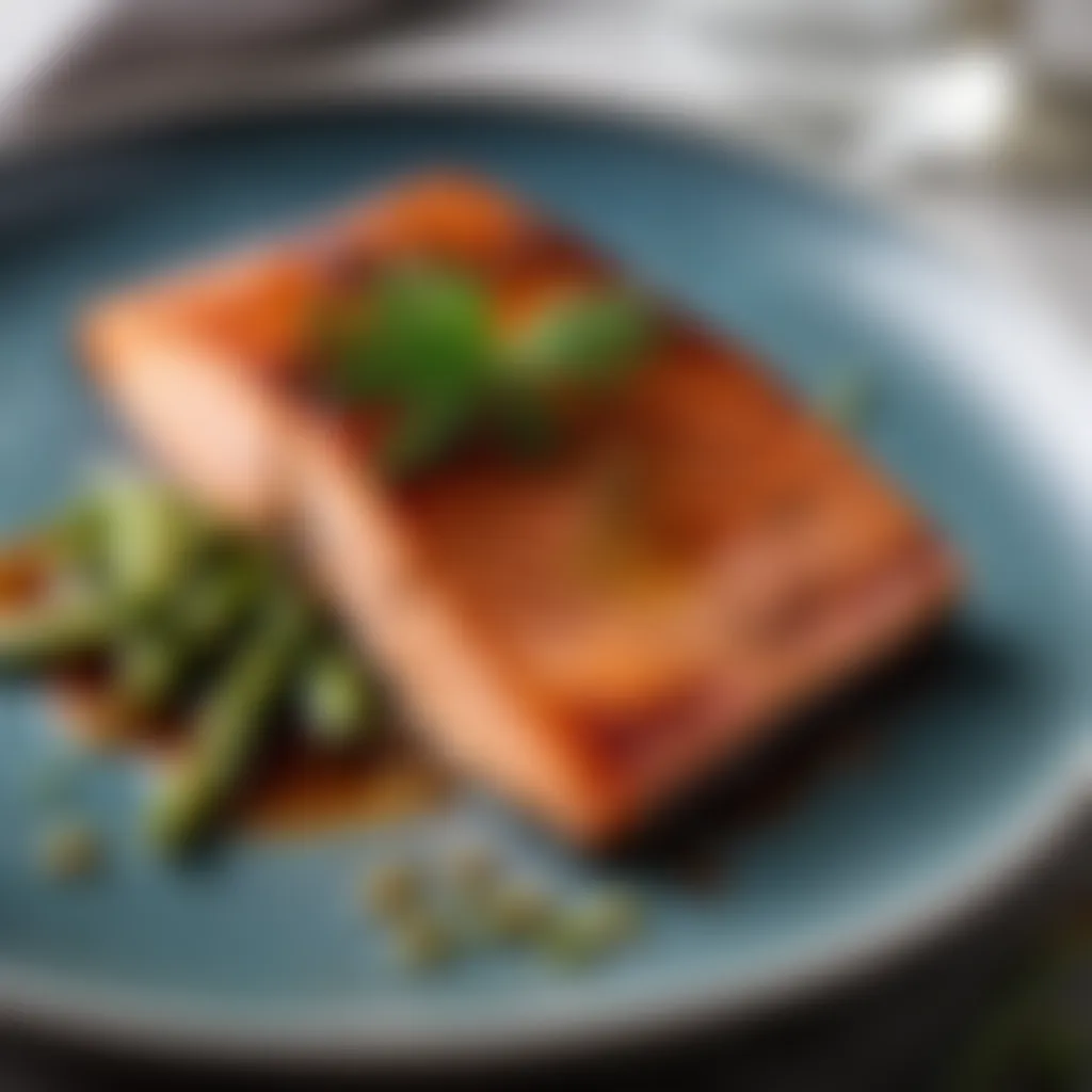 Maple Glazed Salmon Sweet and savory glazed salmon fillet on a plate