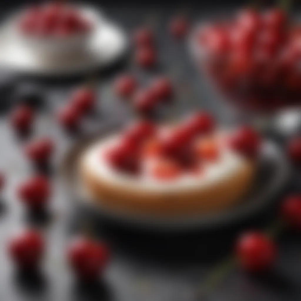 A close-up of maraschino cherries garnishing an elegant dessert