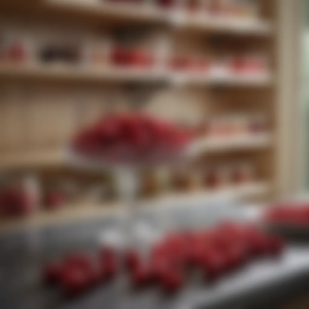 A well-organized pantry shelf featuring maraschino cherries among other baking essentials