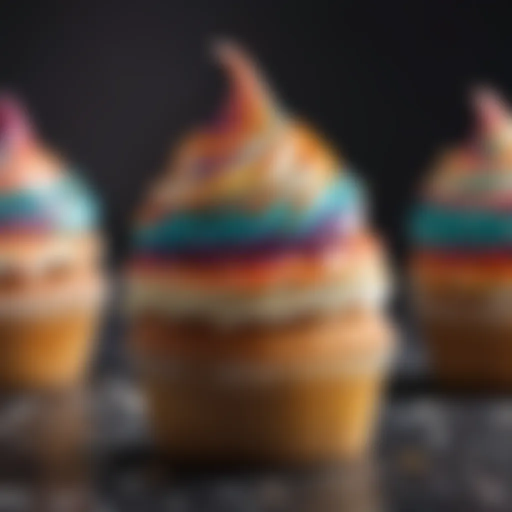 Artistic swirls of colorful frosting on a cupcake