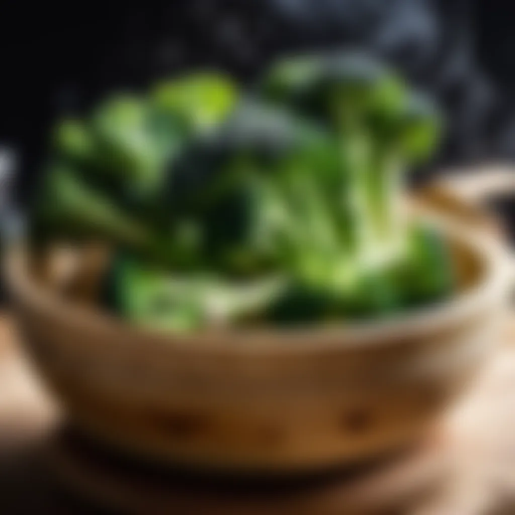 Broccoli steaming in a bamboo steamer