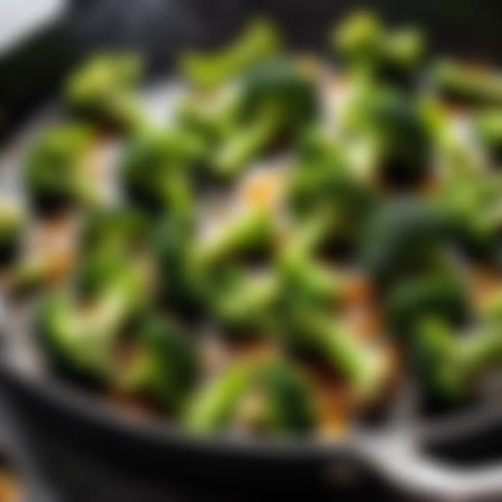 Broccoli florets being caramelized in a pan