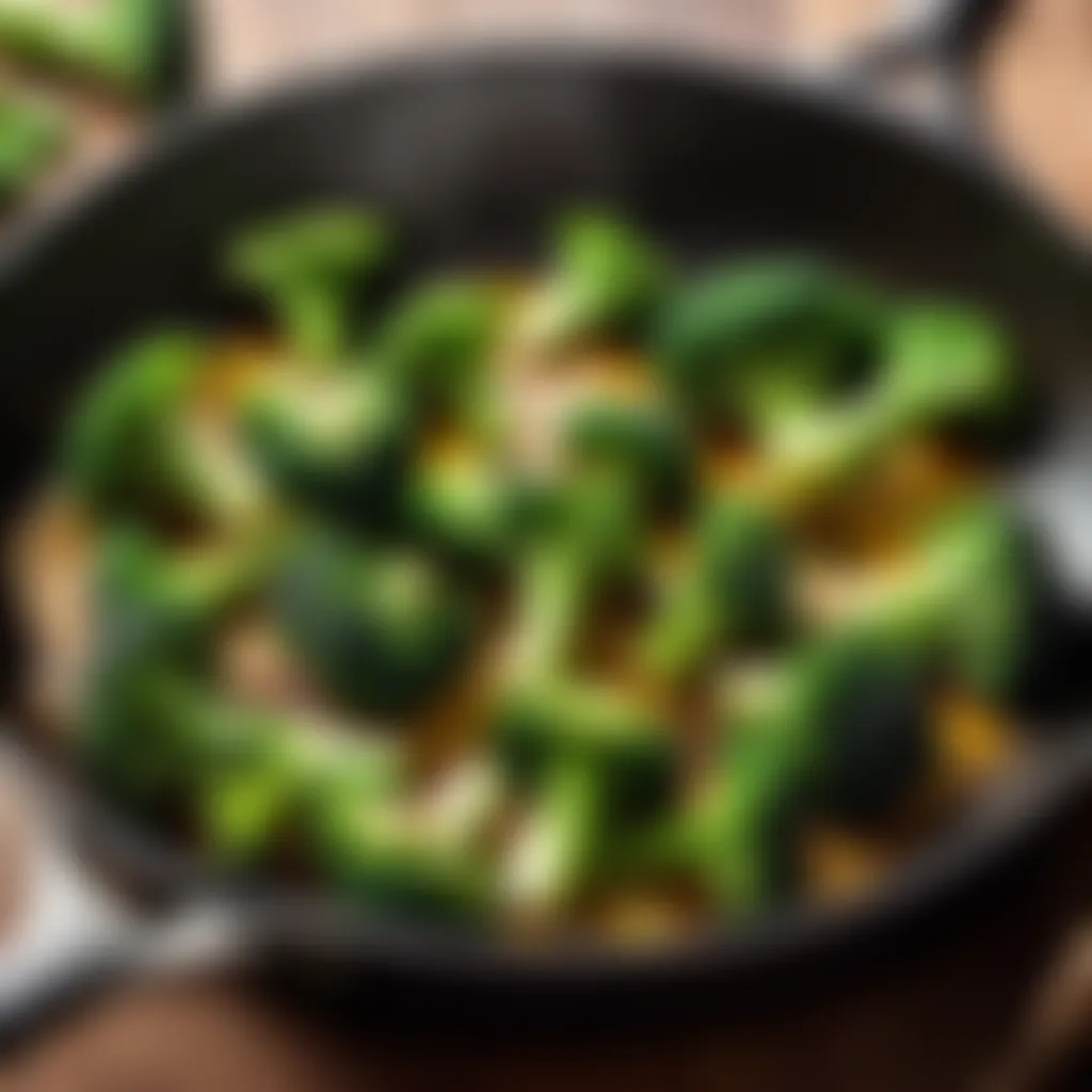 Broccoli florets sizzling in a skillet